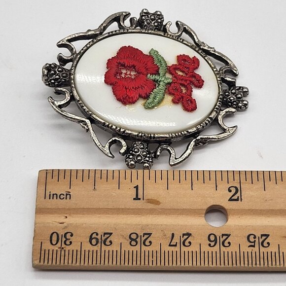 VTG Silver Tone Brooch Pendant with white cabochon and Red LIFE Flower Applique - Picture 10 of 10